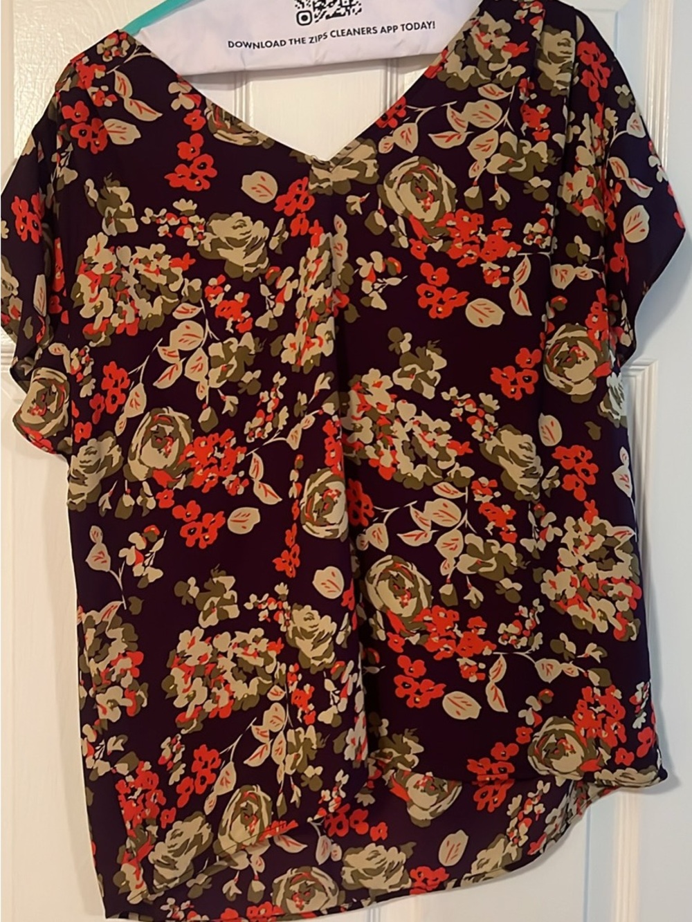 CAbi Floral V-Neck Short Sleeve Blouse - Purple/Red/Cream